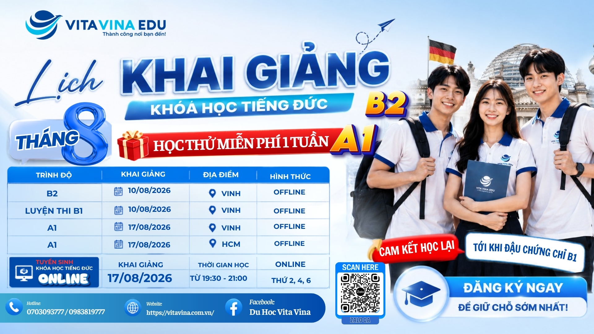 Lịch khai giảng tháng 8 khóa học tiếng Đức tại VITA VINA